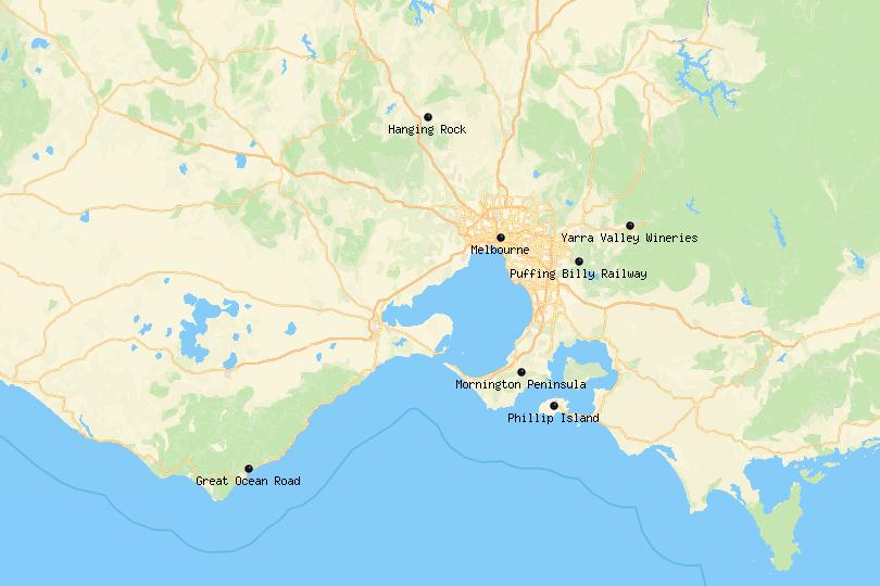 Map of day trips from Melbourne